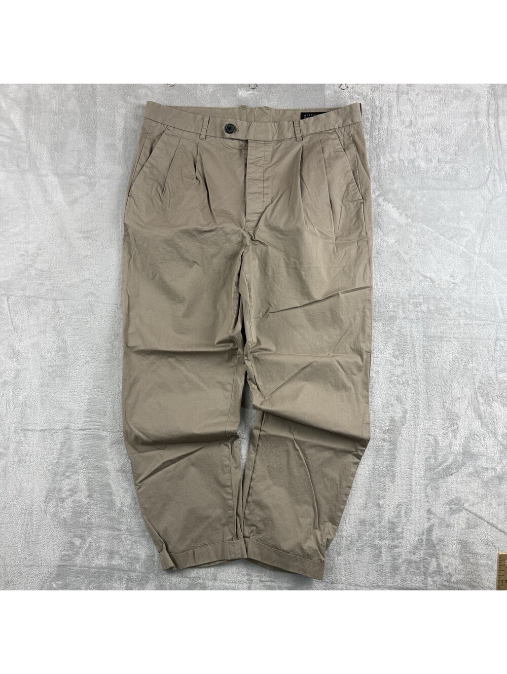 AllSaints Men W36 Taupe Pleated Pants Straight Leg Cotton Casual Trousers Preppy
